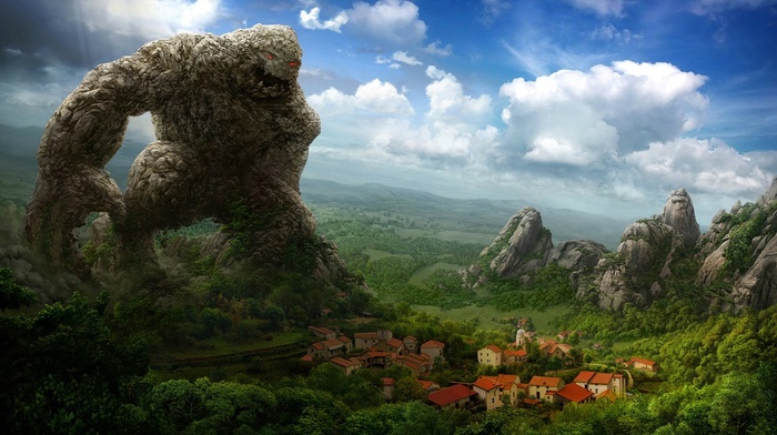 clouds, creature, red eyes, fantasy art, nature, drawing, artwork, house, town, rock, trees
