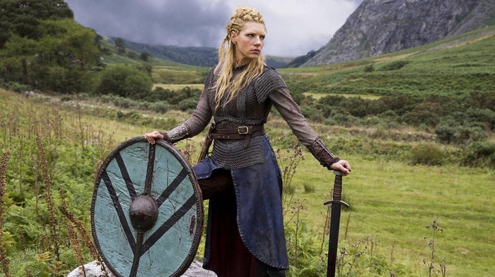 Vikings TV series, shields, blonde, sword, landscape, girl outdoors, Lagertha Lothbrok, nature, girl, actress