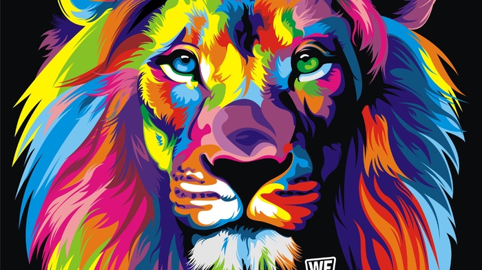 lion, digital art, animals, artwork, black background, colorful
