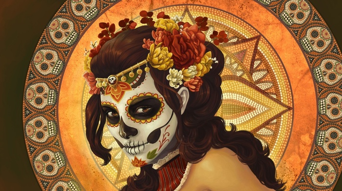 Mexico, digital art, skull, pattern, mosaic, Dia de los Muertos, artwork, flowers, sugar skull, girl