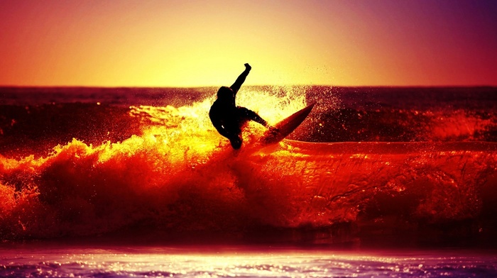 sunset, surfing, sea