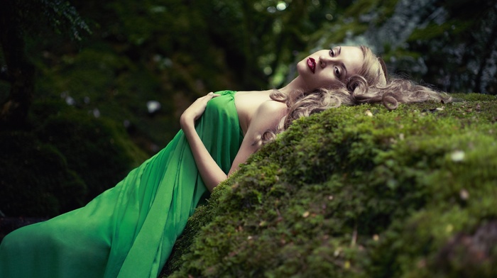 long hair, trees, girl outdoors, model, rock, forest, dress, moss, open mouth, blonde, girl, nature, green