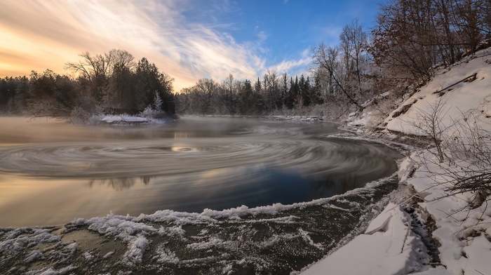 water, clouds, long exposure, landscape, ice, snow, forest, nature, trees, winter