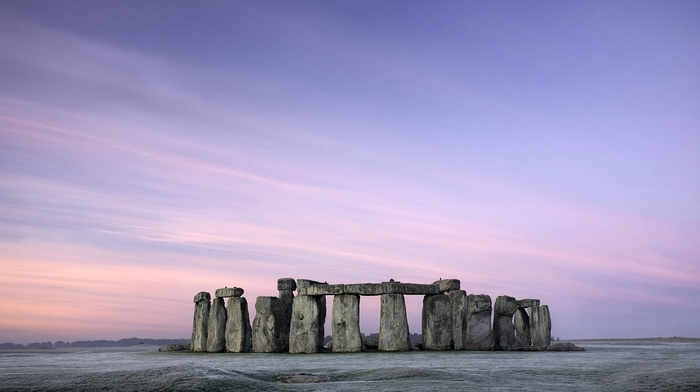 winter, nature, landscape, UK, field, Stonehenge, architecture, frost, morning, sky