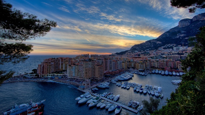 cityscape, boat, dock, sunset, sea, Monaco, city, trees, coast