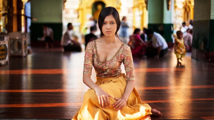 girl, dress, brunette, sitting