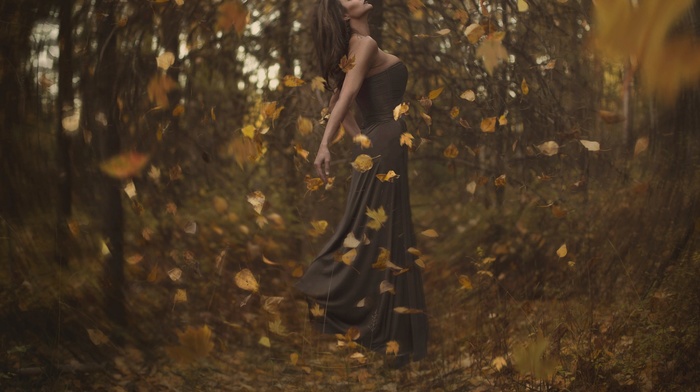 floating, fall, bokeh, leaves, depth of field, girl outdoors, forest