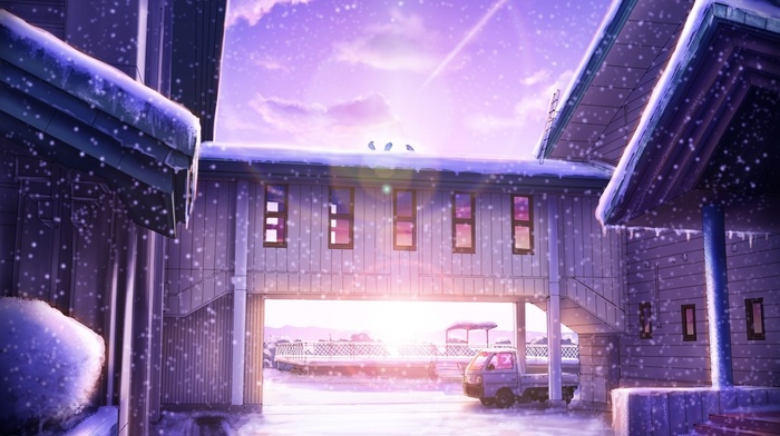 snow, sunlight, anime, lens flare, building, landscape