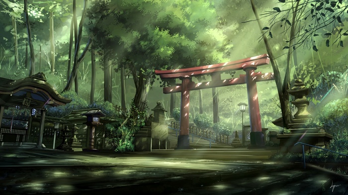 anime, Asian architecture, forest, trees, torii, steps, sun rays, landscape