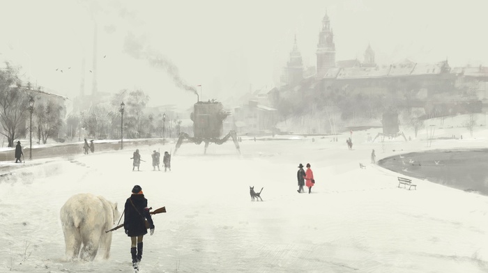 Russia, artwork, snow, polar bears, steampunk, dystopian, winter, painting, futuristic