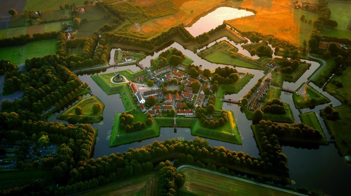 Netherlands, villages, sunset, trees, nature, field, landscape, Europe, aerial view