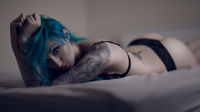black clothing, girl, black panties, black bras, in bed, tattoo, model, blue hair, ass, lingerie