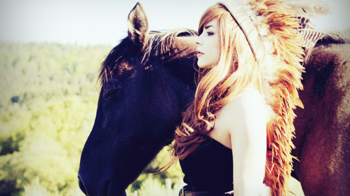 girl, headdress, horse, model