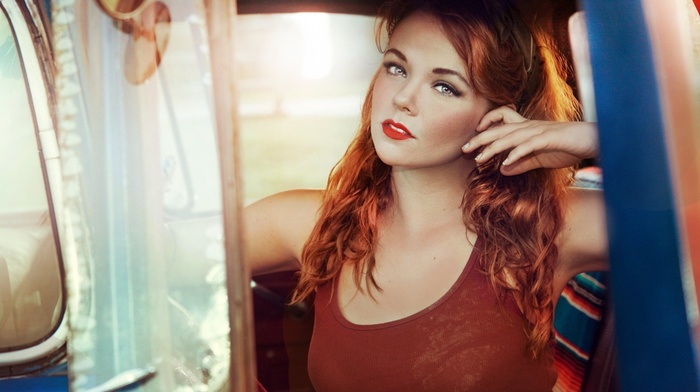 redhead, girl with cars, girl, face, blue eyes, car, red lipstick