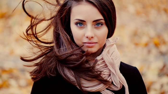 brunette, girl, girl outdoors, blue eyes, eyes, Ann Nevreva