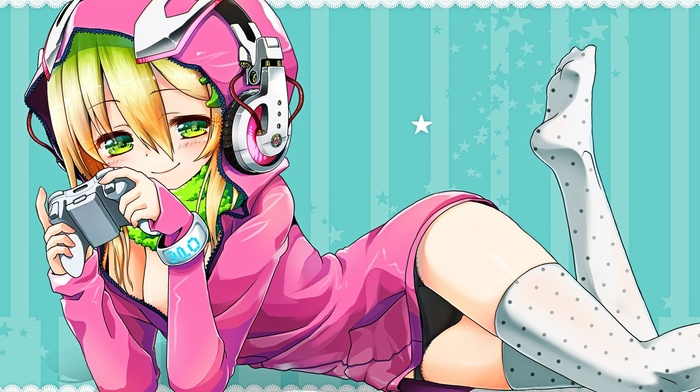 green eyes, blonde, headphones, controllers, original characters, anime girls