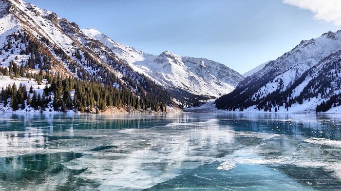 frozen lake, reflection, nature, mountain, Kazakhstan, snowy peak, valley, landscape, lake, ice, snow