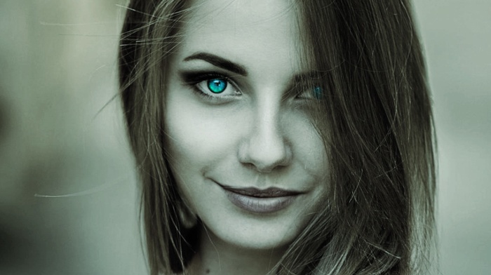 selective coloring, brunette, turquoise eyes, closeup, face, smiling, girl