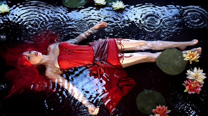 water lilies, water, redhead, model, red dress, ripples