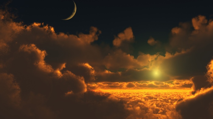 moon, orange, clouds, Sun