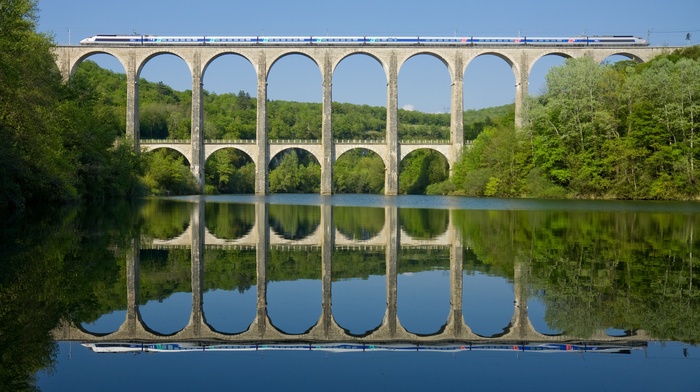 nature, trees, train, TGV, architecture, railway, France, hill, landscape, water, reflection, bridge, arch