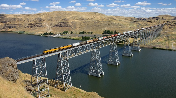 bridge, train, trees, diesel locomotives, architecture, nature, water, freight train, USA, railway, landscape, clouds, hill, river