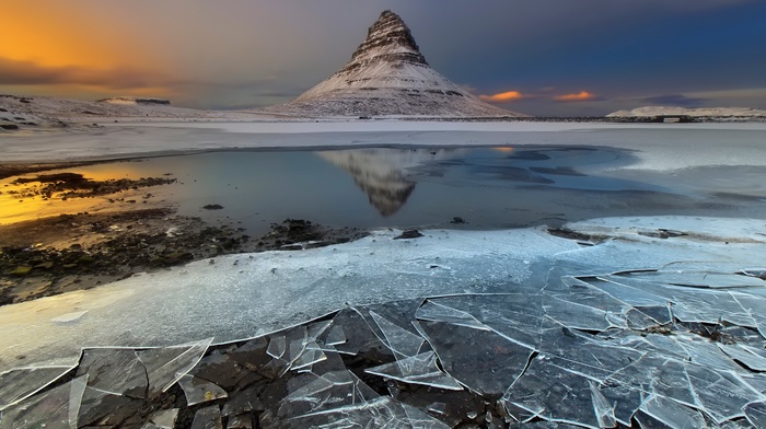 snow, Kirkjufell, water, clouds, nature, Iceland, sunset, winter, mountain, reflection, landscape, ice