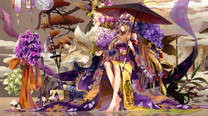 yukata, cat, long hair, parasol, Yakumo Yukari, katana, lilac, cleavage, touhou, purple flowers, purple eyes, skull, nature, nine tails