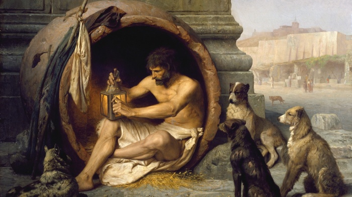 classic art, Cynicism, Jean, Lon Grme, dog, sitting, Greek philosophers, Diogenes, painting