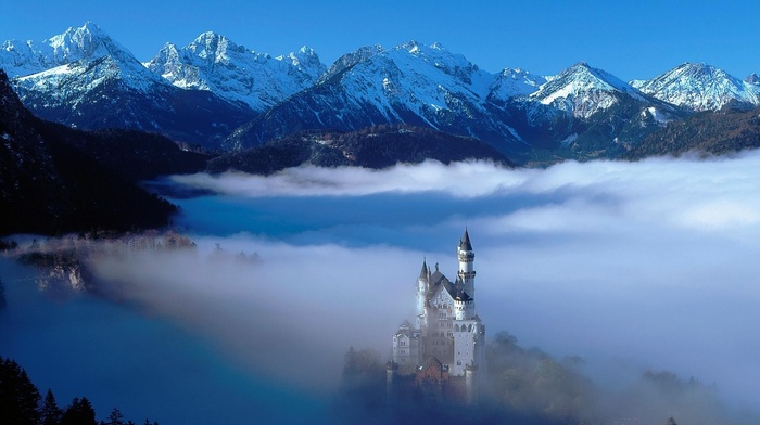 Alps, mountain, clouds, castle