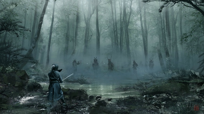 forest, samurai, fighting