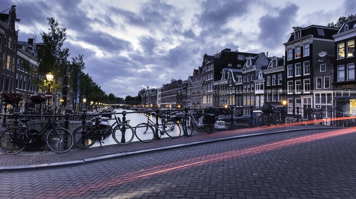 Amsterdam, road, Netherlands, bicycle, light trails, canal, house