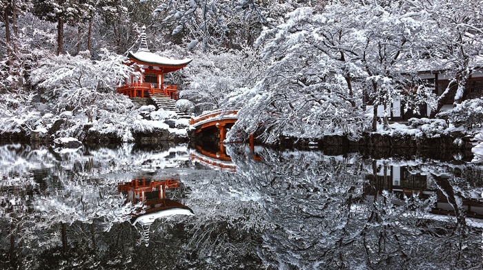 winter, landscape, reflection, trees, water, snow, pond, Japan, pagoda, architecture, Asian architecture, bridge, nature