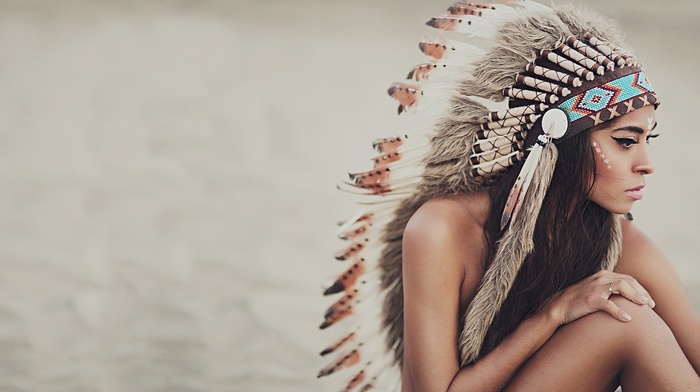 tanned, feathers, simple background, face paint, topless, girl, headdress, brunette, makeup