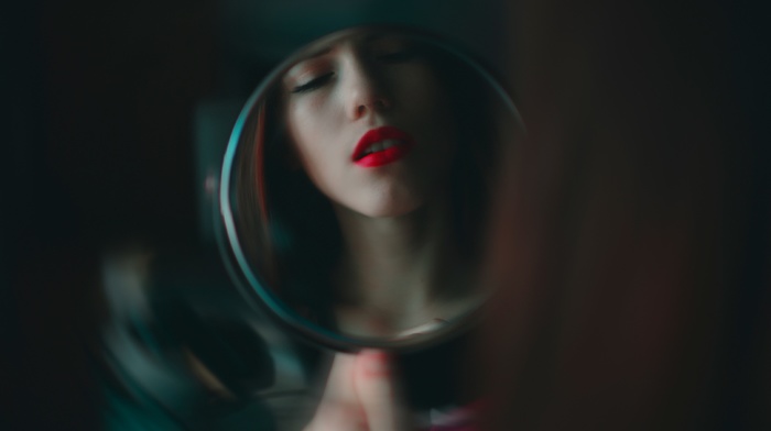 long hair, red lipstick, closed eyes, open mouth, blurred, brunette, self shots, girl, face, model, mirror