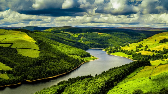 UK, river, forest, clouds, trees, water, landscape, hill, green