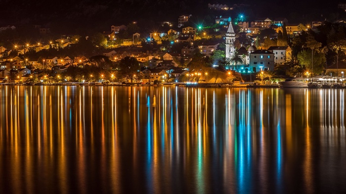 Montenegro, cityscape, building, water, lights, reflection, yachts, church, town, trees, night