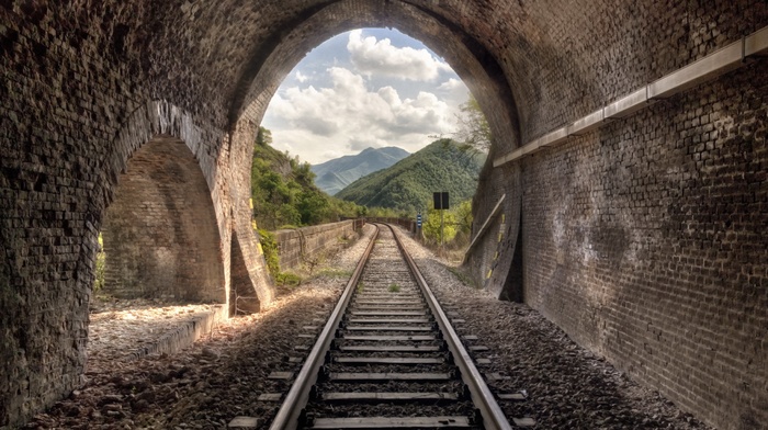 arch, bricks, railway, hill, clouds, HDR, stones, tunnel, trees