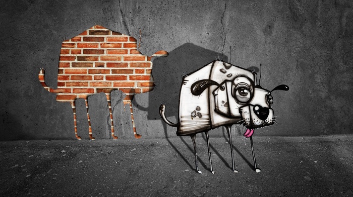 animals, bricks, digital art, walls, graffiti, shadow, dog