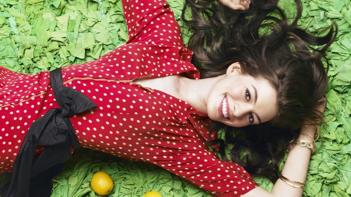 actress, smiling, girl, lemons, bangles, lying on back, brunette, Anne Hathaway, polka dots