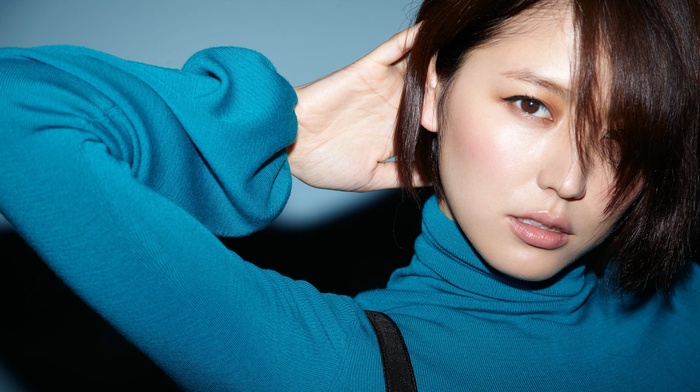 short hair, hair in face, Masami Nagasawa, Asian, turtlenecks, arms up, girl