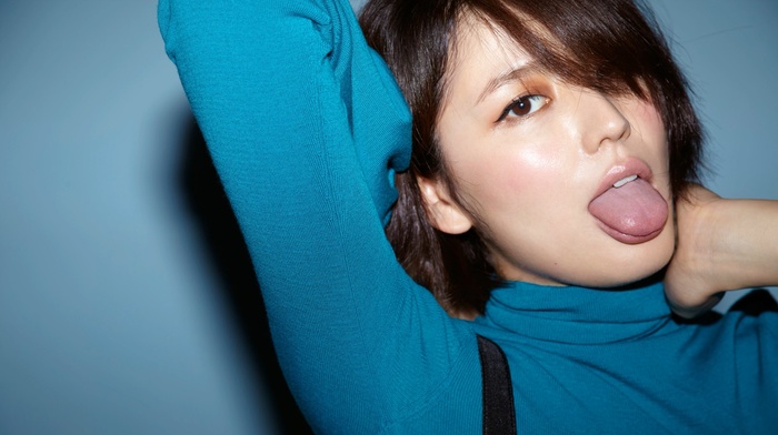 girl, short hair, blue background, turtlenecks, face, Masami Nagasawa, tongues, Asian
