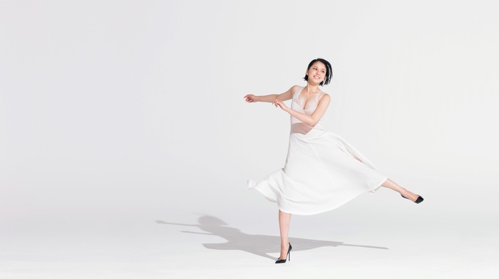 dancing, short hair, Masami Nagasawa, Asian, simple background, white dress, smiling, girl, shadow