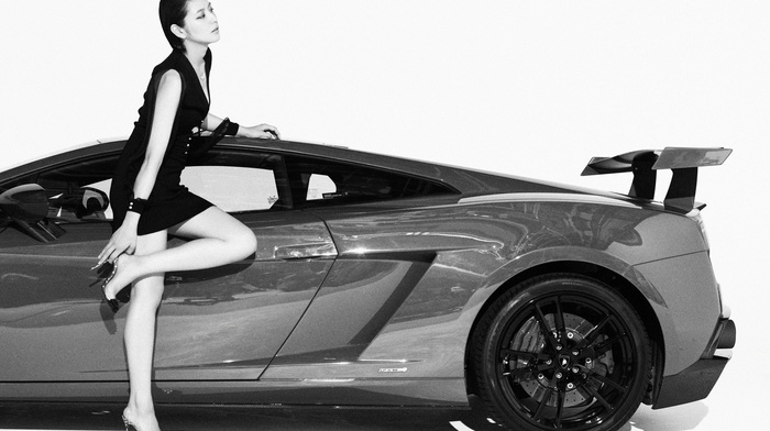 Masami Nagasawa, black clothing, Lamborghini, girl with cars, Asian, girl, Lamborghini Gallardo