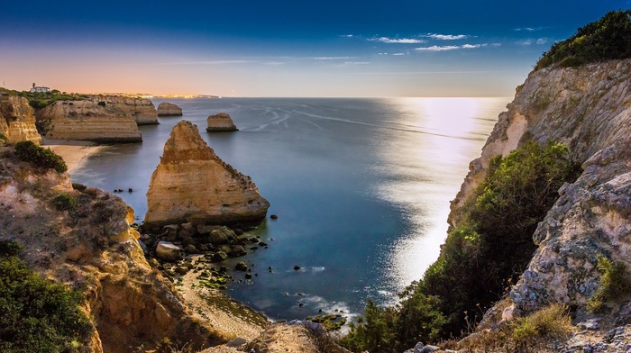 nature, cliff, rock formation, sea, landscape, coast, sunlight