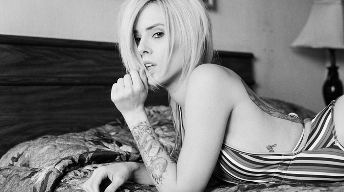 tattoo, monochrome, blonde, Alysha Nett