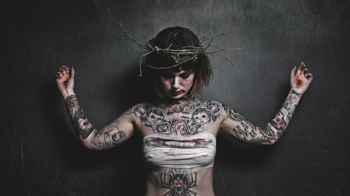 tattoo, stigmata, girl, hard nipples