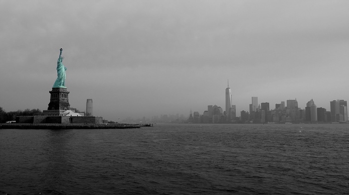 architecture, island, statue of liberty, cityscape, skyscraper, selective coloring, New York City, sea, city, Manhattan, bay, USA, building