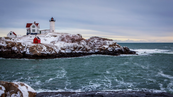 lighthouse, landscape, waves, winter, snow, rock, nature, Iceland, house, horizon, clouds, sea
