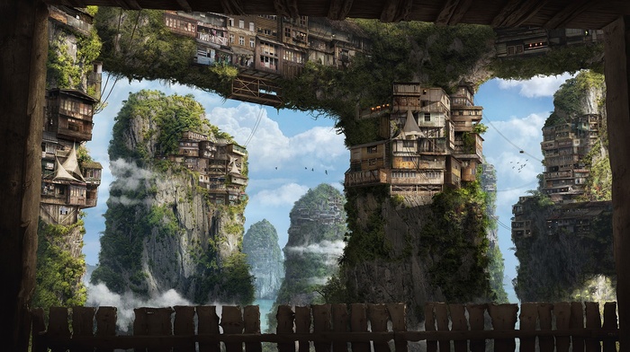 fantasy art, apartments, clouds, villages, house, sky, cliff